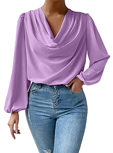 Camicetta da donna con volant, pieghe, scollo a V, casual, in chiffon, colore bianco, Lilla, XXL