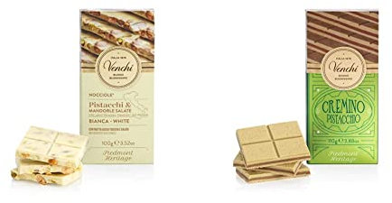 Venchi - Tavoletta di Cioccolato Bianco Salata, 100g Cioccolato Bianco con Nocciole, Pistacchi e Mandorle Salati & Tavoletta Cremino Pistacchio, 110g Cioccolato al Latte Bianco con Pasta di Pistacchio