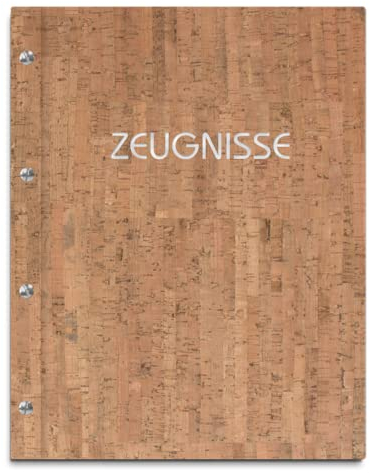 Zeugnismappe im hellen Korkeinband mit Prägedruck in verschiedenen Farben – handgefertigte Mappe inkl. 12 Sichthüllen