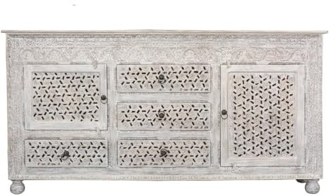 Sideboard Tamani Indische Kommode aus Mangoholz mit aufwendiger Schnitzerei Oriental Schlafzimmer Weiß Whitewash 195cm