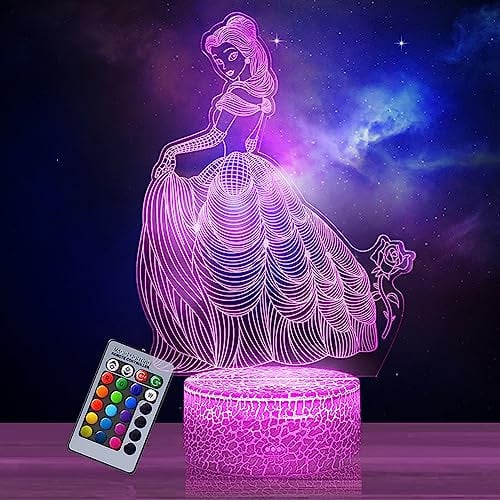Gohytal Prinzessin Nachtlicht für Kinder, 3D Illusion Lampe Kinderzimmer LED Licht, Fernbedienung 16 Farbwechsel Dimmbar, Weihnachtsgeschenke für Mädchen Junge Wohnzimmer Schlafzimmer Dekor
