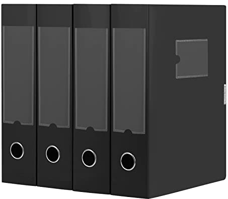 HUA JIE A4 Storage File Boxes Plastic Archives Cases with Lid, File Folder Organizer Document Filing Box for office,31×7.5×23.5 cm, Black(Pack of 4)