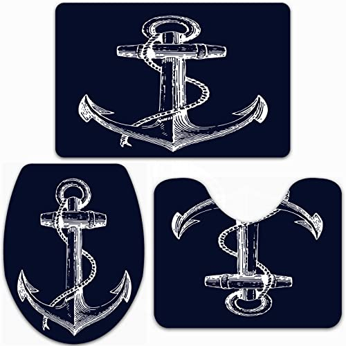 URSOPET Badteppich-Set 3-teilige, rutschfeste,Nautisch Beige Anker Marineblau,rutschfeste Badematte, U-förmiger Konturteppich und Toilettendeckel