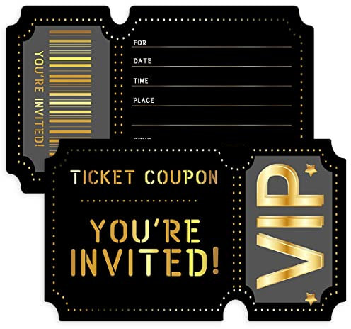 wuguimeii 20 VIP Ticket-Gutschein-Einladungen mit Umschlägen, Einladung zum Geburtstag, Babyparty, Einladungen, besondere Ideen, Gastgeschenke, Partyzubehör, doppelseitig(Schwarz02)