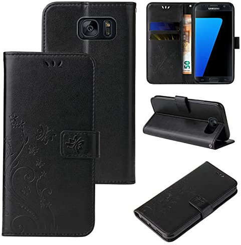 LBH Handy Hülle für Samsung Galaxy S7 Edge Case Handytasche Schmetterling Blumen Flower Standfunktion Schutzhülle Magnet Rundum Schutz 360 Grad Flipcase Cover Schwarz