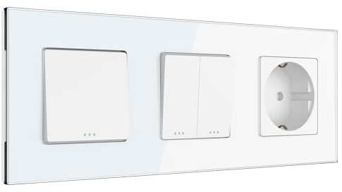 PULSAR Wechselschalter x2/Steckdose mit Kindersicherung Glas Weiß 3-Fach | Steckdose mit Wechselschalter Doppelt 3-Fach Glas Weiß - Lichtschalter Doppelt Unterputz mit Wandsteckdose 16A 250V