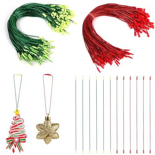 200 Stück Ornament Aufhänger Schnur, Metallisch Aufhänger Schnur Dekorative Ornament-Schnuraufhänger mit Druckknöpfen für Weihnachtsbaum Hängen Urlaub Party Ornament Dekorationen(Rot Grün)