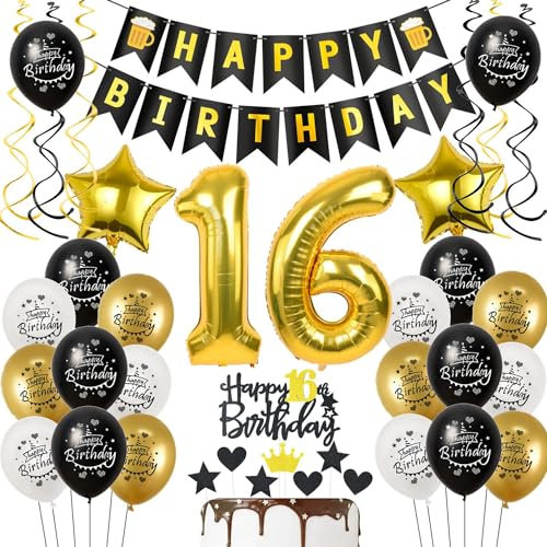 Deko 16 Geburtstag Deko Junge mädchen, Luftballon 16. Geburtstag Schwarz Gold, Geburtstagsdeko 16 jahre Junge Luftballon, Tortendeko 16. Geburtstagsdeko 16 jahre für mädchen