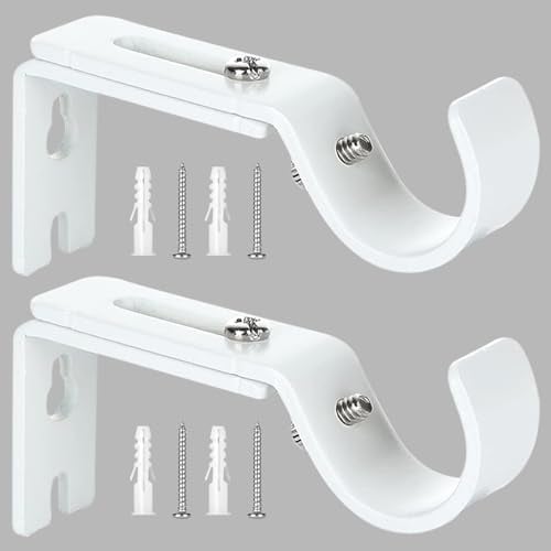 XINSUO® Staffa Palo per Tende,2 pz Regolabili Staffe Asta Tende Singole, Supporto Staffa Tende in Metallo,Staffa da Parete Gancio per Tende,Compatibile con diametri fino a 20mm-25mm(Bianco)