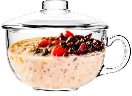 binsakao Glass Bowl with Lid - Cereal Bowl with Lid Handles - Soup Bowls Glassware for Oatmeal Dessert Pasta Rice - Breakfast Bowls Microwave Dishwasher Safe (Clear, 600 ml / 20 oz)