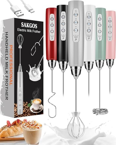 Sakgos Wiederaufladbarer Milchaufschäumer Handheld – Elektrischer Schneebesen 3 Geschwindigkeiten einstellbar, Kaffee-Aufschäumer Zauberstab mit 3 Edelstahl-Schneebesen, elektrischer Schaummacher,