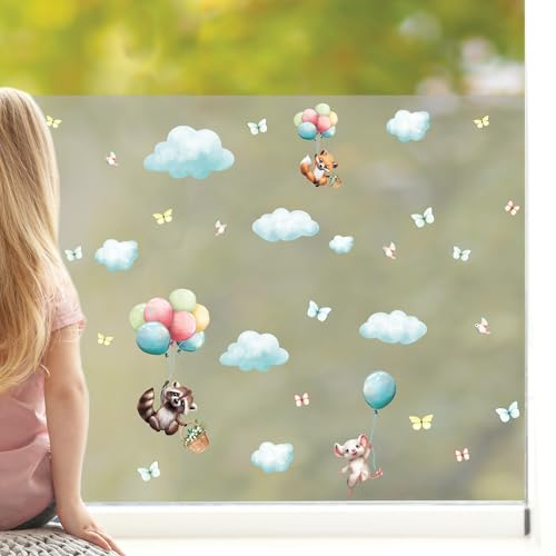 Wandtattoo Loft Sichtschutzfolie Kinderzimmer mit bunten Ballons, Waschbären und Wokeln Motiv, Bunte Fensteraufkleber, Milchglasfolie, Kinder Fensterdeko, Dekoration Fenster, Fensterfolie Blickdicht