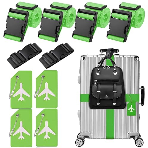 4 Stück Koffergurt & 4 Stück Kofferanhänger & 2 Stück Fügen Sie Eine Tasche Gepäckgurte Hinzu, Kofferband Gurt, Einstellbare Kofferbänder, Auffällig Luggage Strap für Koffer (Grün)