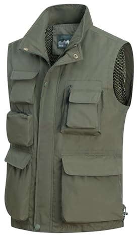 MeiLayM Herren Outdoor Weste mit Vielen Taschen Anglerweste Ärmellose Freizeit Weste Leicht Atmungsaktiv Weste Sommer schnelltrocknend Gilet Jagd Fotografie Sport Weste Armeegrün,XXL