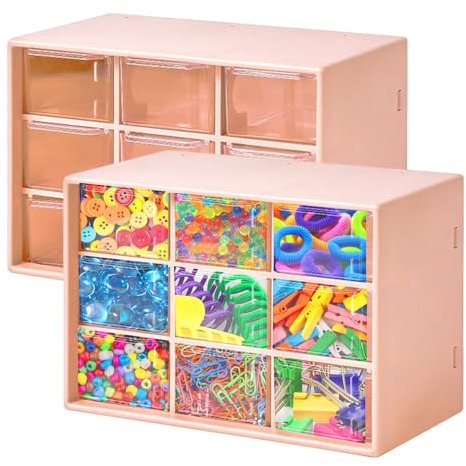 2Pcs Small Storage Drawers, Drawers Storage Unit With 9 Drawers Desktop Drawer Box, Organiser Drawers Unit Craft Storage Cabinet Drawer Organiser For Office Supplies & Accessories (Pink)