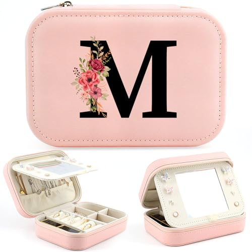 Initiale Schmuckkästchen für Mädchen Schmuckkasten Klein mit initiale M, Reise Schmuckschatulle mit Spiegel, Schmuckkästchen Buchstaben Geschenke für Damen Mädchen Weihnachten Geburtstage Muttertag