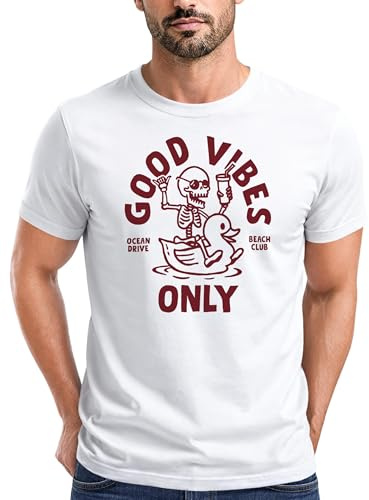 Neverless® Herren T-Shirt Printshirt Spruch Good Vibes Only Skelett-Motiv Sommer Frontprint Fashion Streetstyle Weiss 4XL