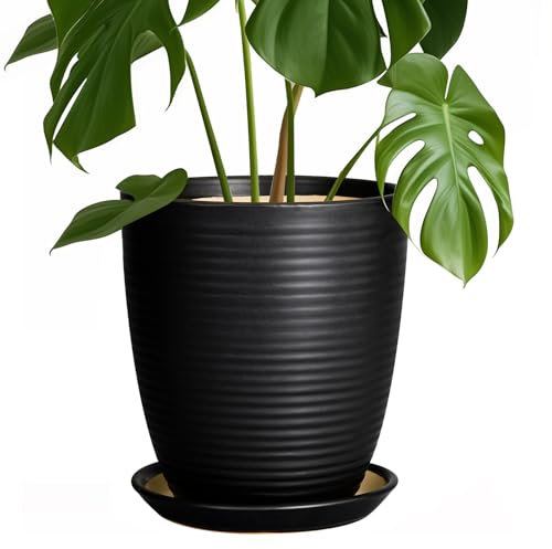 EPFamily Pot de Fleurs Rond en céramique émaillée avec Trou de Drainage et Soucoupe - 20,3 cm - Noir