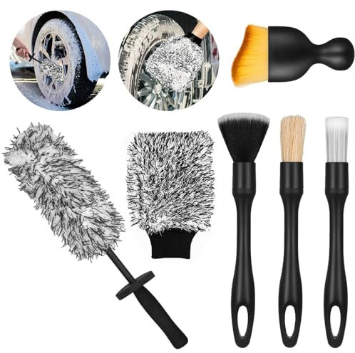 SAMSYOKI Cepillo Llantas Coche y Guante Lavado Coche con 4 Pincel para Detalles, Cepillo de Microfibra para Llantas de Coche Cepillo Limpia Llantas para Limpiar Interior y Exterior (Negro)