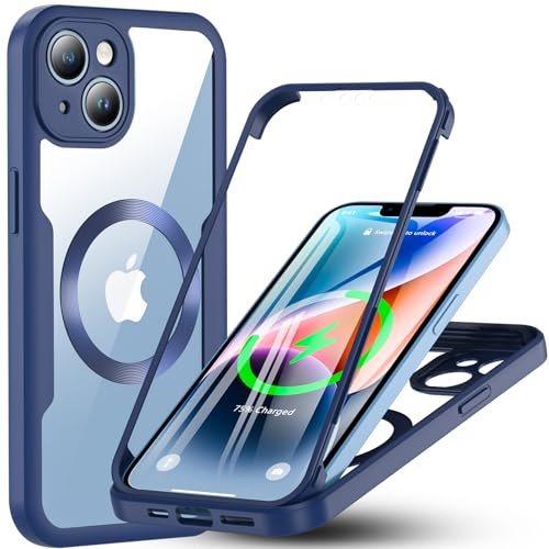 Für iPhone 14 Hülle Kompatibel mit MagSafe, 360 Grad Handyhülle iPhone 14 Eingebaut Schutzfolie Magnetisch Stoßfest Case für iPhone 14 6,1 Zoll Schutzhülle Outdoor Magnet Cover mit Displayschutz(Blau)