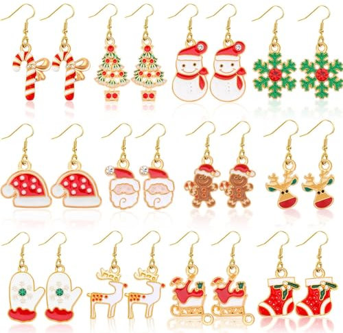 BOARDFEB Weihnachten Ohrringe Set - 12 Paar Weihnachtsmann, Schneemann, Schneeflocke Ohrstecker für Damen