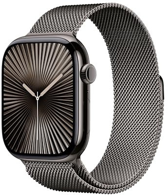 Apple Watch Series 10 GPS + Cellular Smartwatch con caja de titanio Pizarra de 46 mm y Pulsera Milanese Loop Pizarra - Talla S/M. Monitor de entreno, pantalla Retina siempre activa y neutro en carbono