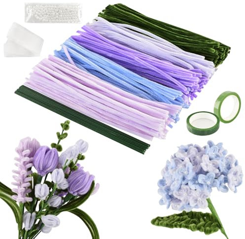 Joyblossom Pfeifenreiniger zum Basteln Set, 250 Stück in 5 Farben Pfeifenputzer zum Basteln, Pfeifenreiniger Blumen Set, mit Blumendraht, Schleifenband, Bänder, Perlen für Blumenstrauß DIY, Violett