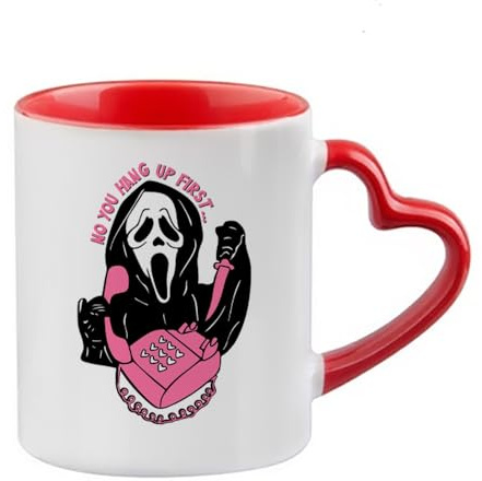 Giftme No You Hang Up First, Horror, Ghostface, Ghost Mask, Halloween, 11oz Heart Handle Cup, Coffee, Tea Mug. (Red)