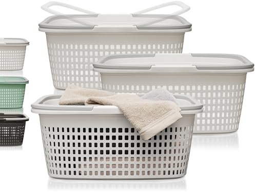 Hausfelder Wäschekorb Kunststoff mit Henkel 3er Set - 58x37x25cm Wäschewanne groß 35L - stabil belastbar 15kg - stapelbar platzsparend - BPA-frei wetterfest - Wäschekorb für Waschmaschine