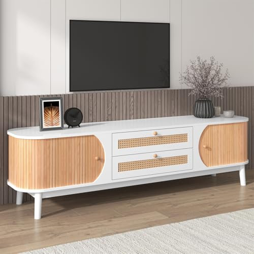 Meuble TV Moderne, Meuble Multimédia avec Rangement Ouvert, Portes Et Tiroirs, Buffet avec Panneaux Latéraux en Rotin Et Pieds en Bois pour Le Salon(Color:Blanc)