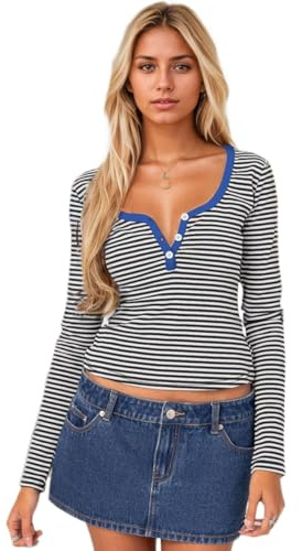 EMOTTOS Women's Y2K Crop Tops, Sexy Button Down V-Neck Long Sleeve Slim Fit, Simple Striped Stretchy Cotton Slimming T-Shirt, Black, S