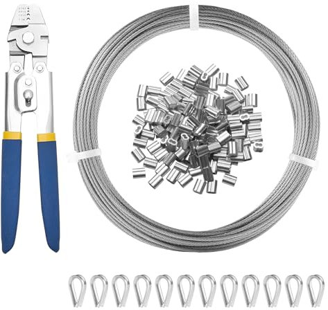 VEVOR Câble Acier Inoxydable, 1,59 mm x 20,2 m, Câble Métallique Inox Tressé 7x7 Qualité Aéronautique Marine avec Pince à sertir, Manchons, Cosses, pour Garde-corps, Rampe Escalier, Clôture, Extérieur