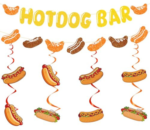 Wxiben Hotdog Bar Party Dekorationen – 10 Stück Hot Dog Glitter Banner Girlande hängende Wirbel Dekor Gold Wurst Schild für Geburtstagsparty HotDog Food Party Decor Supplies