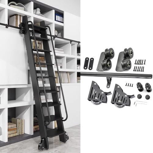 3.3-24FT Rolling Library Ladder Hardware Kit, Library Ladders Rail with Wheels, Multi-Use for Loft Stairs/Bookshelf, Black Sliding Track Rail Mobile Slide Rails (No Ladder)(3.3ft/100cm Track Kit)