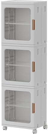 3 Tier Tall Narrow Storage Cabinet with Transparent Doors and Movable Wheels,Plastic Collapsible Storage Box,Stackable Storage Boxes with Lids and Front Opening Door for Small Space,Bathroom,Kitchen