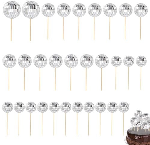 30 Pcs Disco Ball Toppers for Cupcake and Cake Decorations, 70s Retro Mini Picks with Stick, Themed Party Supplies for Birthday Decor (Silver)