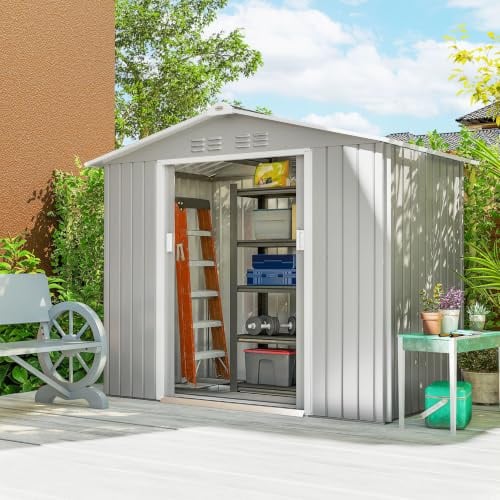 Outsunny Caseta de Jardín Exterior 2,5 m² 213x130x185 cm Gris Plata | Cobertizo de Jardín Exterior Metálico, 2 Puertas Correderas, 4 Ventanas, Base Refuerzo (Suelo NO Incluido)
