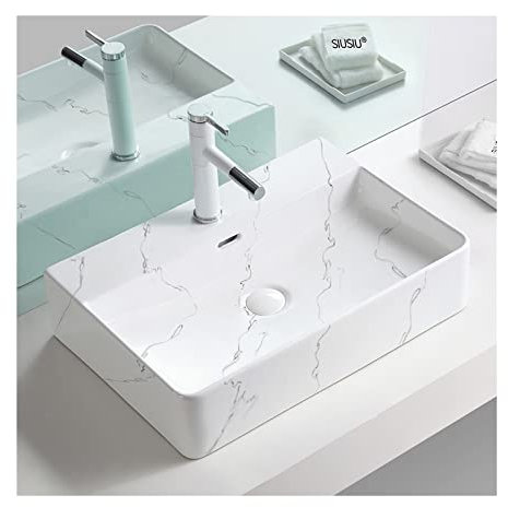 TMMLIJIPL Lavabo rectangulaire en céramique pour salle de bain - Texture marbre blanc - 60 x 40 cm - Évier au-dessus du comptoir - Lavabo de salle de bain