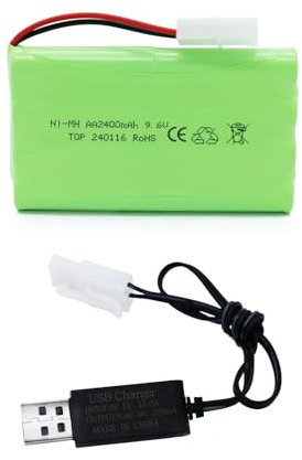 Tosiicop Batterie NiMH 9,6 V 2400 mAh – Batterie AA rechargeable pour voiture télécommandée avec prise Tamiya KET-2P et câble de charge USB pour pièce de rechange RC Car Tank Boat Batteries (9,6 V