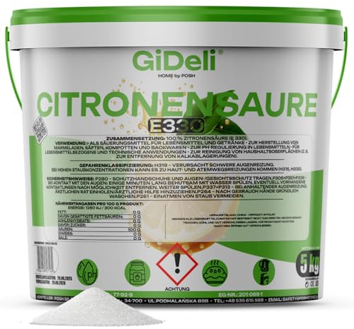 GiDeli Acide Citrique 5 kg en Seau - Poudre E330 Qualité Alimentaire | efficace contre le calcaire incrusté, sans odeur agressive, pour le lave-linge et le lave-vaisselle, seau refermable