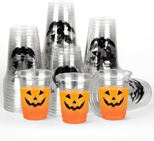 Pumpkin Face Plastic Cups Halloween Scary Disposable Party Cup Jack O Lantern 12oz Clear Cups for Candy Beverage Snacks October Trick or Treat Party Supplies (50)