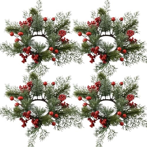 Weihnachtskerzenringe 4pcs 10 Zoll künstlicher realistischer Kerzenkranz mit Kiefernnadel & Rote Beeren Weihnachtszentrum für Tisch, Party, Hochzeit, Ringe