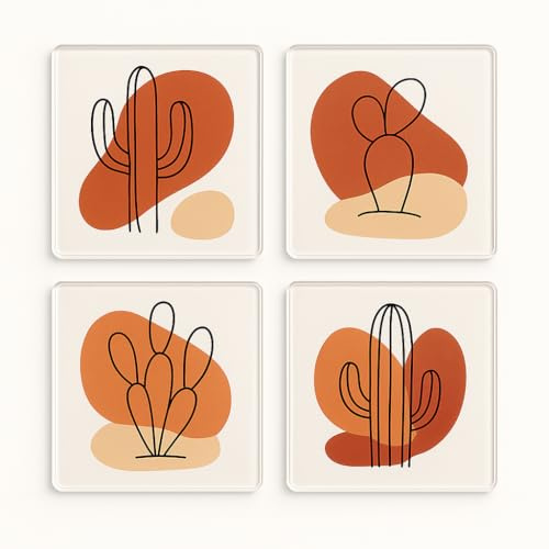 Acrylic Coaster Gift Set of 4 with Cactus Whimsy Design - Desert Chic Lines Home Decor for Plant Lovers