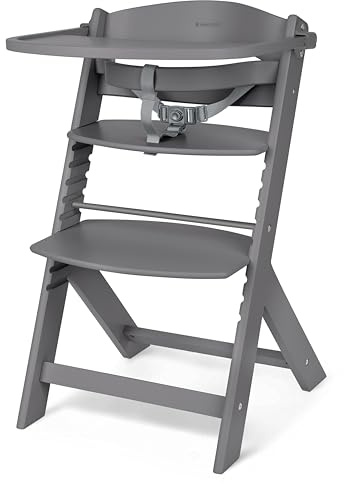 KikkaBoo NORDY Holz-Hochstuhl für Babys, Verstellbarer Kinderstuhl bis 35 kg, Buchenholz, Abnehmbares Tablett, Verstellbare Sitz- & Fußstütze, Sicherheitsbügel, 3-Punkt-Gurt, Ergonomisches, Dunkelgrau