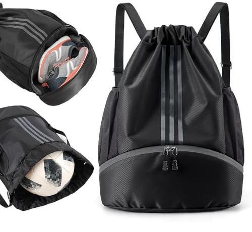 YOUNGSAY Sac de Sport Cordon Noir, Étanche Sac a Dos Cordon pour Le Sport, Grande Sac de Sport a Cordon avec Compartiment Chaussures pour Sport, Aptitude, Voyages, Yoga et Natation