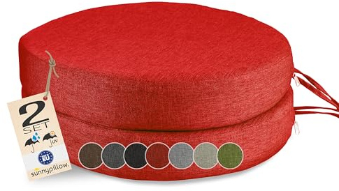sunnypillow 2er Set Stuhlkissen Rund Ø 40cm, wasserdicht, Rot | UV-lichtecht, 7cm dick, Outdoor Polsterauflage mit Bändern, Auflage für Stühle, Sitzkissen Stuhlauflage für Haus und Garten