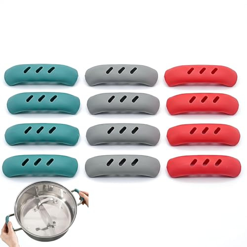 ZhuPu 12 Pcs Silicone Pot Handle Cover, Heat Resistant Sleeve, Non Slip Grip, Rubber Holder, Red Black, for Cast Iron Pan Skillet