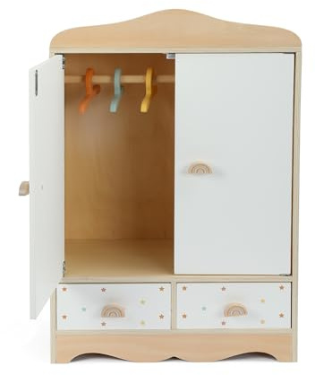 WoddyGo Holzpuppen-Kleiderschrank mit Türen, 3 Kleiderbügeln und 2 Schubladen, Puppenmöbel für 40–50 cm große Puppen, Rollenspiel-Aufbewahrungsschrank als Geschenk für Mädchen ab 3 Jahren
