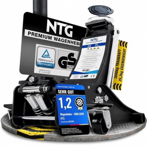 NTG Hydraulischer Wagenheber 3T Doppelzylinder - TÜV Zertifiziert flach | Profi Rangier-Hebewerkzeug 3000 kg - für SUV und tiefe Autos - nur 29,2 kg - 75-505 mm Hubhöhe Gummiauflage