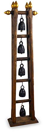 livasia Asiatisches Glockenspiel mit 5 Glocken Bronze Teakholzständer (Handarbeit)